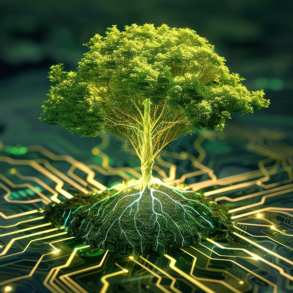 a tree sitting on a green computer chip