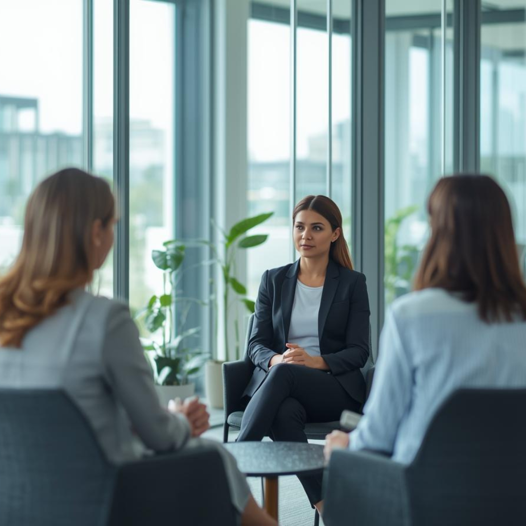 three women sitting at a meeting table