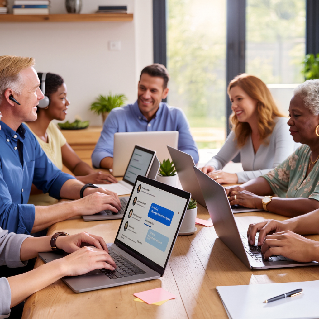 a team of people on their laptops at a meeting table