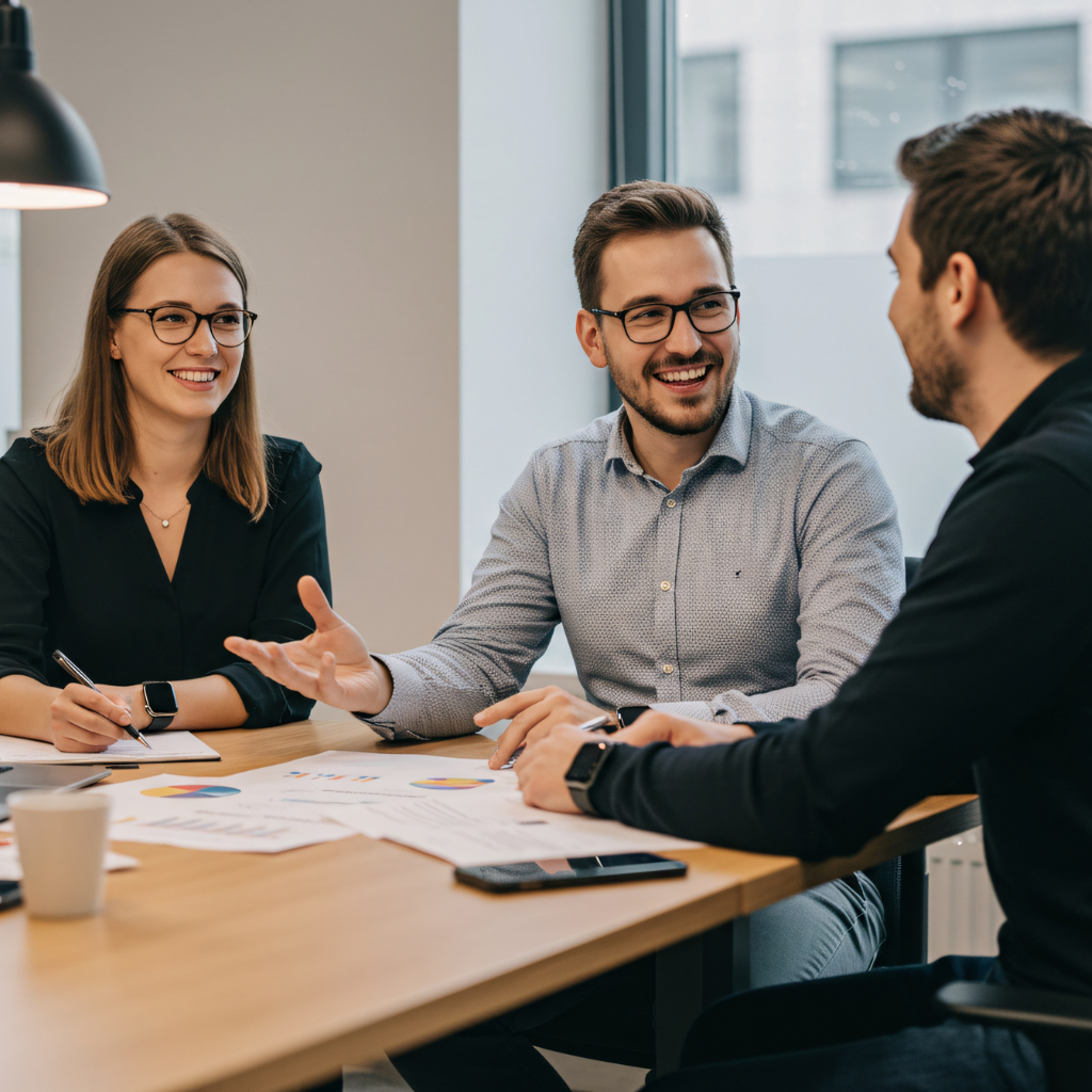 three people at a table in a meeting